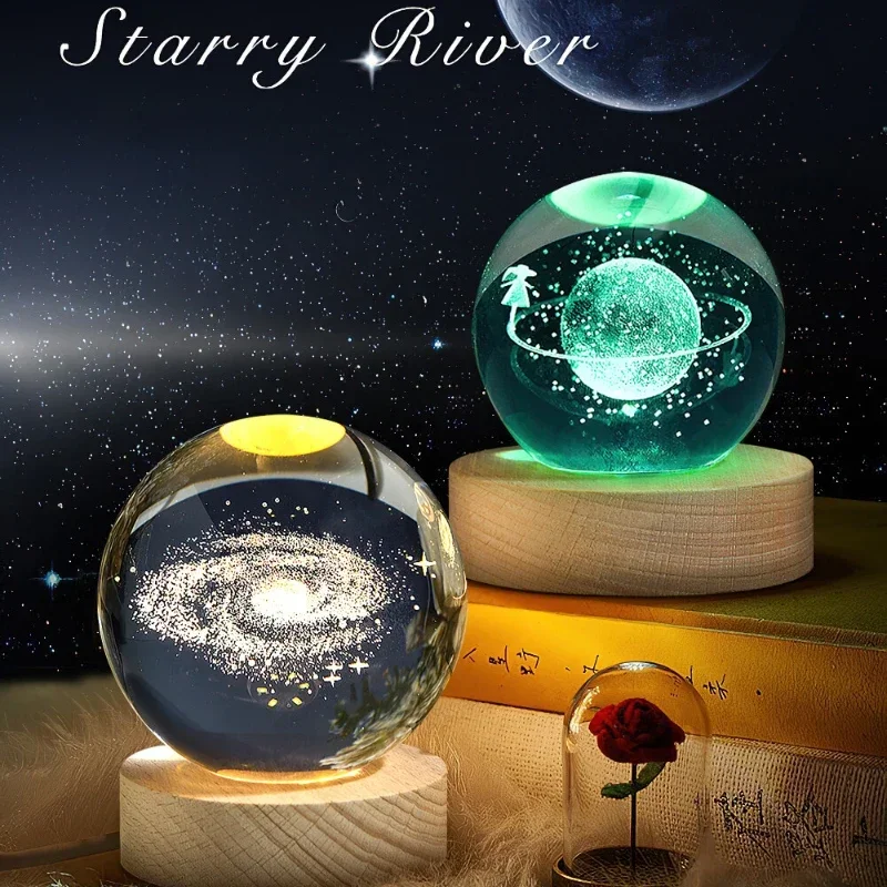 Crystal Ball Night Light Planetary Galaxy Warm Light Astronaut USB Power Bedside Lamp Birthday Valentine's Gift Desktop Ornament