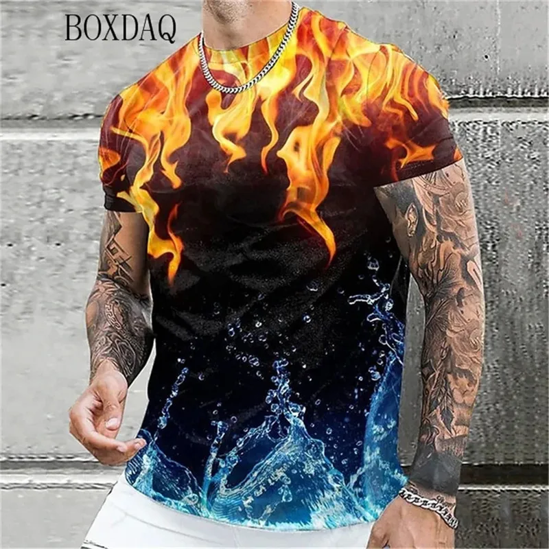 Summer T Shirt For Men Colorful Flame Graphic 3d Print Men\'s T-Shirt Fashion Street Trendy Oversized-Shirt Casual Male Tops Tees