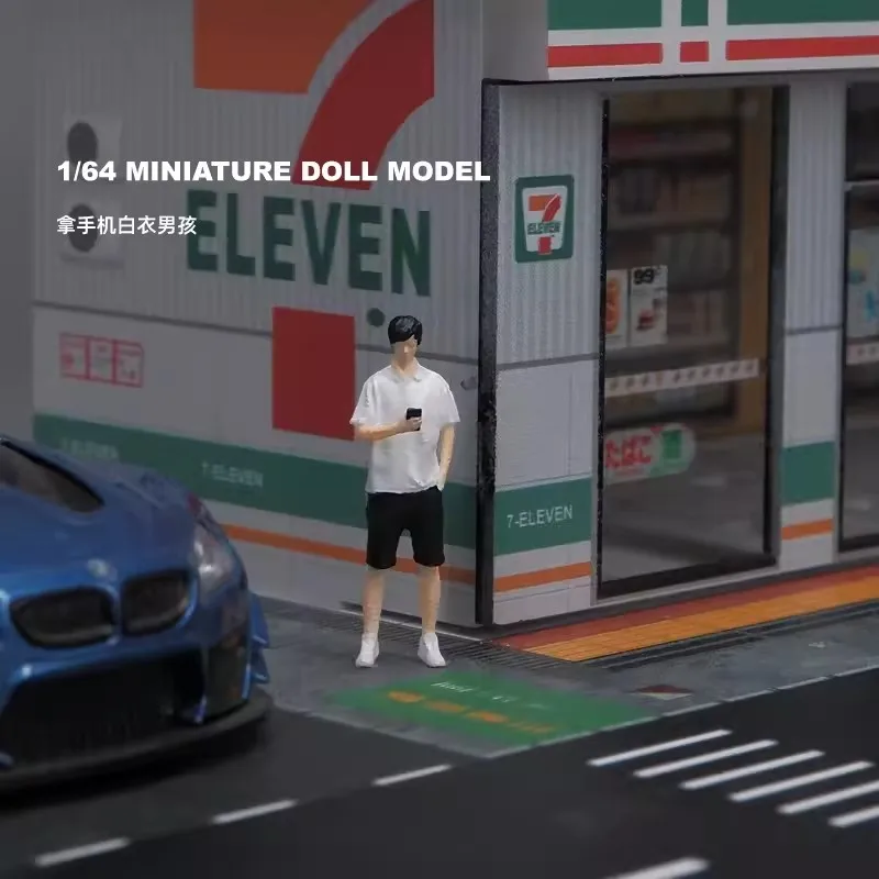 New 1:64 Scale Model 1Pcs Miniature Handsome Guy With Cell Phone White T-Shirt Action Figure DIY Scene Accessory Display Toys