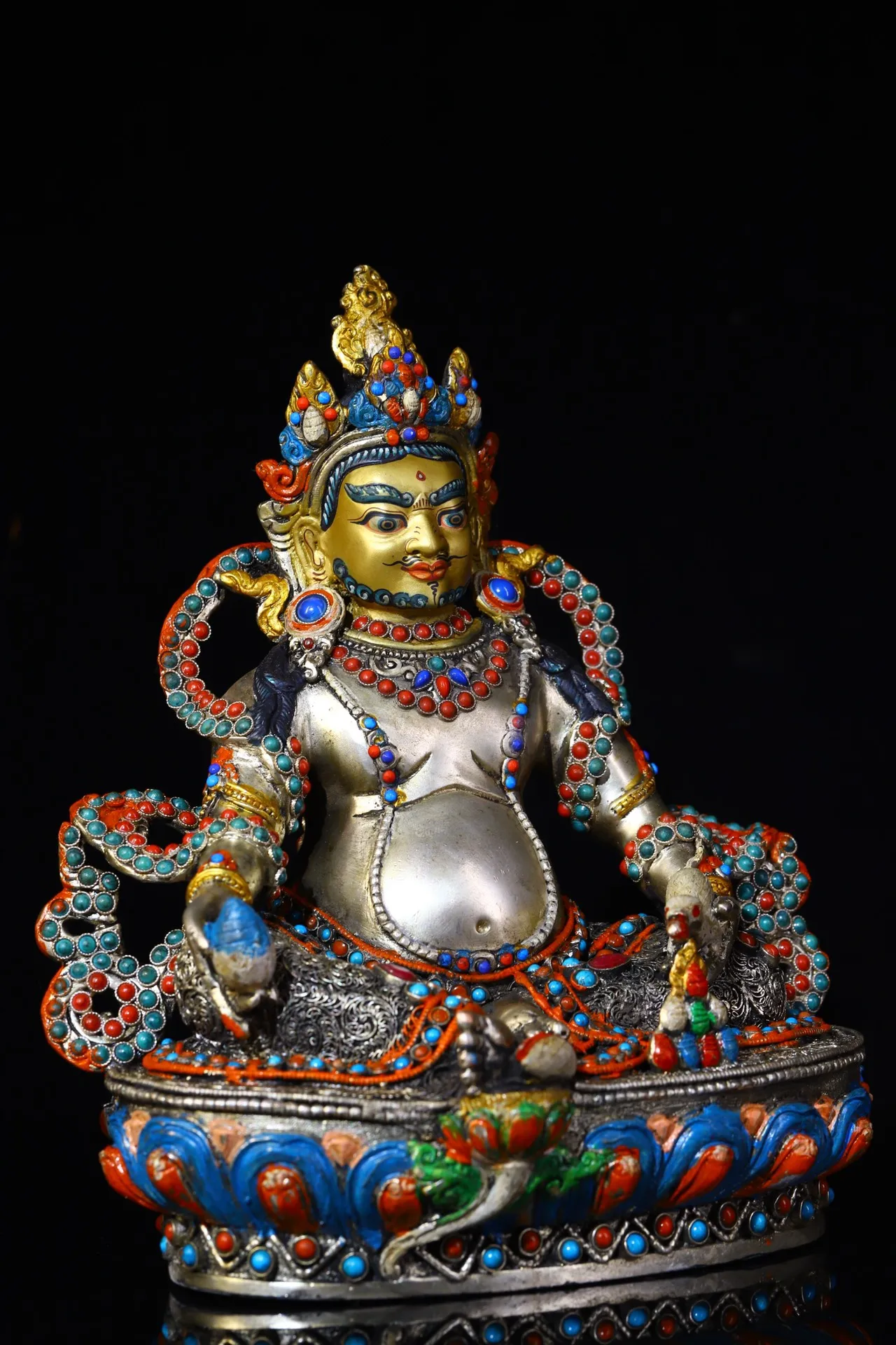 

9"Tibetan Temple Collection Old Bronze Outline in gold Mosaic Gem gZi Beads Yellow God of Wealth Buddha Worship Hall Town house