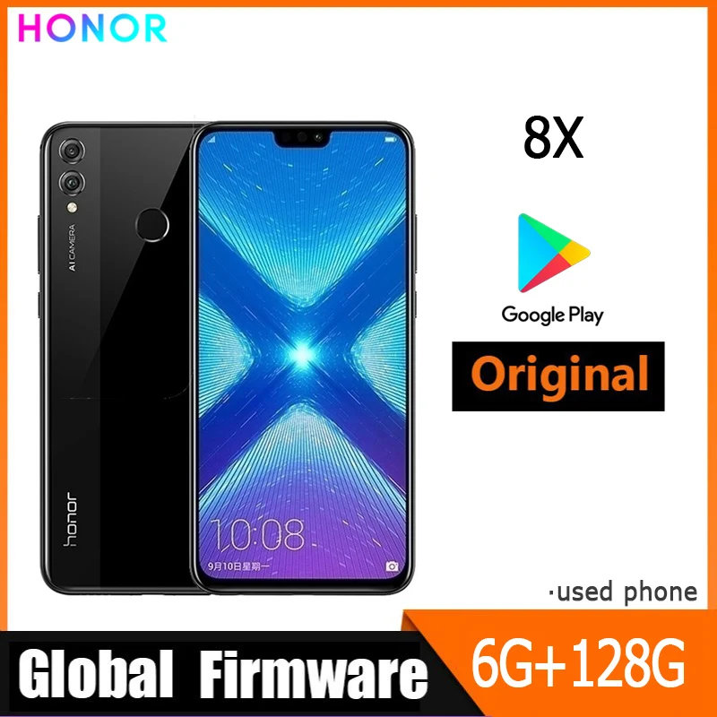 Smartphone HONOR 8X 4G, firmware global, processeur Haisi Qilin 710, �cran 6,5 pouces, batterie 3750 mAh, double cam�ra arri�re 20MP, 6 Go de RAM, 128 Go de stockage, t�l�phone d'occasion.