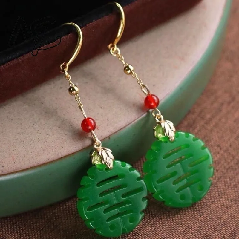 DIY Green Jade Double Sided Carving Gourd Earrings Women Jadeite Gemstone Accessories Charm 925 Silver Gift Amulet Jewelry