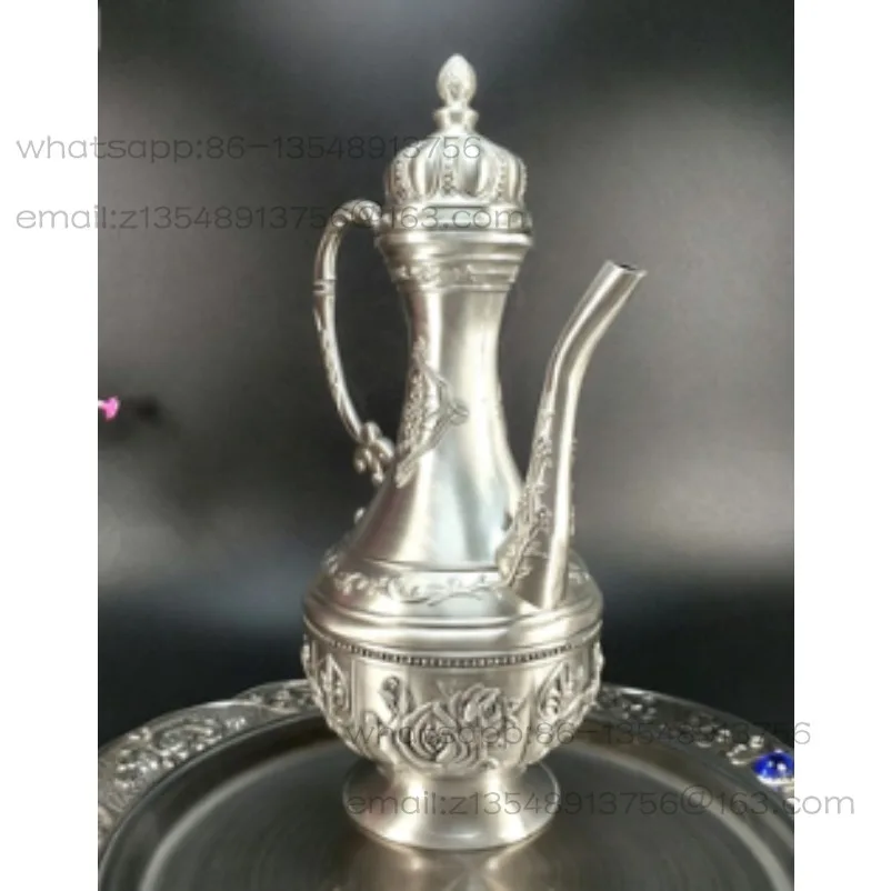 Special Russian Tin Metal Round Wine Jug Dark Silver Ancient Tin Rose Capacity 8 Taels 400ml European Style