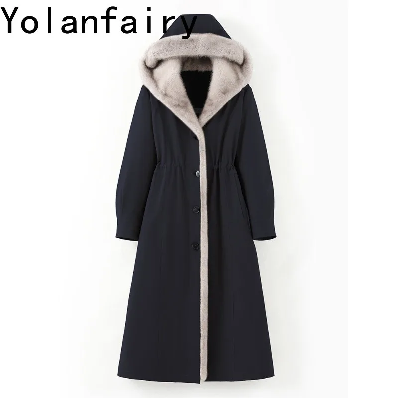 YOLANFAIRY Luxury 100% Real Fur Coat Parkas Woman Winter Detachable Whole Mink Fur Liner Long Natural Fur Jacket Hood Women