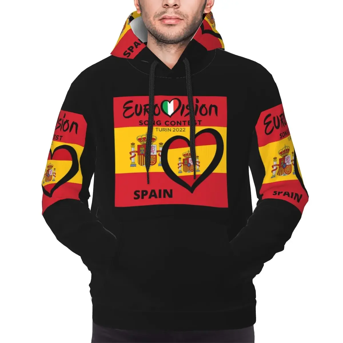Eurovision Song Contest 2022. SPAIN. Flag Of Spain With Heart Hoodie Pullover Winter Men's Women's Sweatshirt Long Sleeve Tops