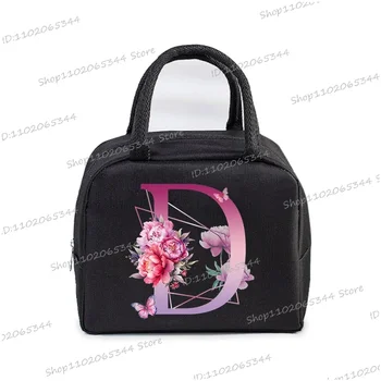 Portable Lunch Bag Aesthetics Flower Alphabet Women Thermal Insulated Lunch Box Tote Cooler Handbag 26 Letter Unisex Lunch Bags