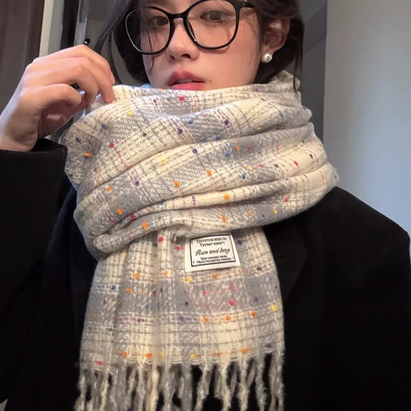 2026 Autumn Winter New Korean Ins Colorful Polka Dot Faux Cashmere Scarf 2-in-1 Warm Versatile Women Shawl Wrap Accessories