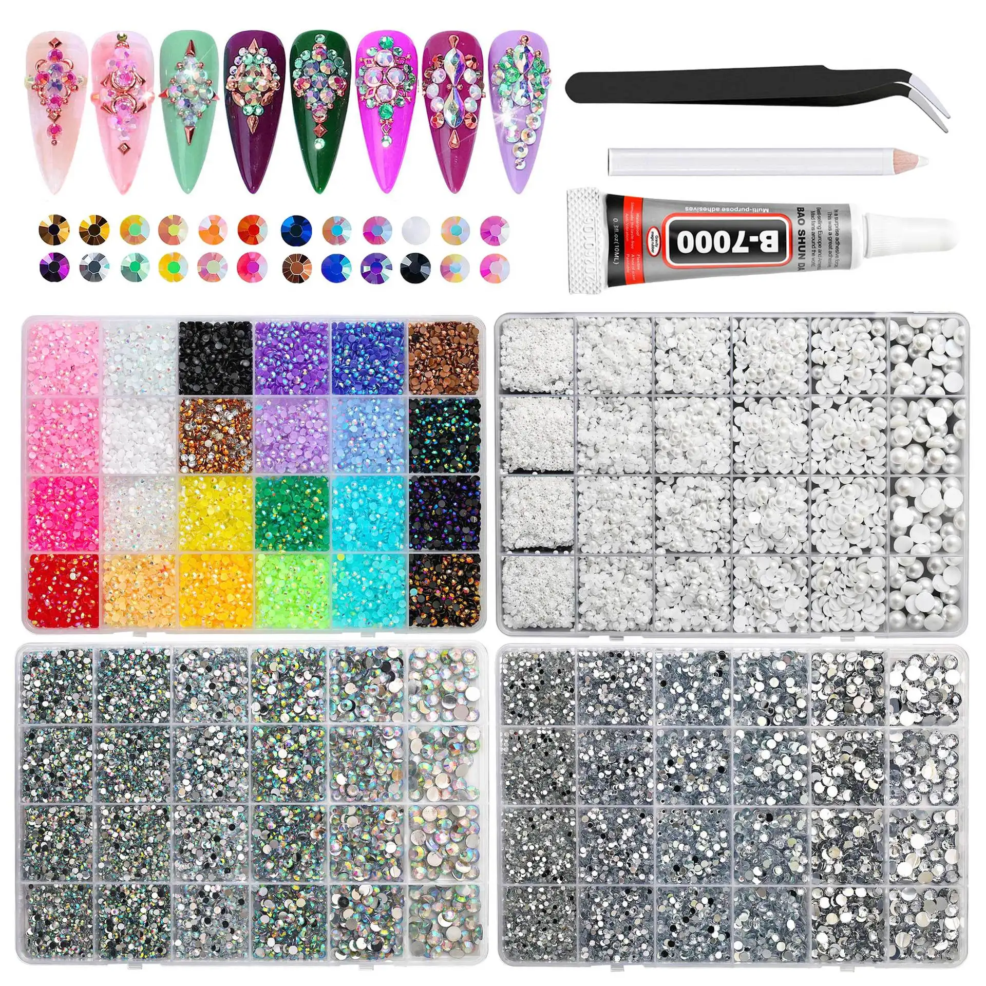 24Grids 3/4/5/6mm Nail Art Jewelry Set Semi-Circular Pearls And Resin Diamonds Flat Shiny Multi-Color Mixed for Nail Decorations