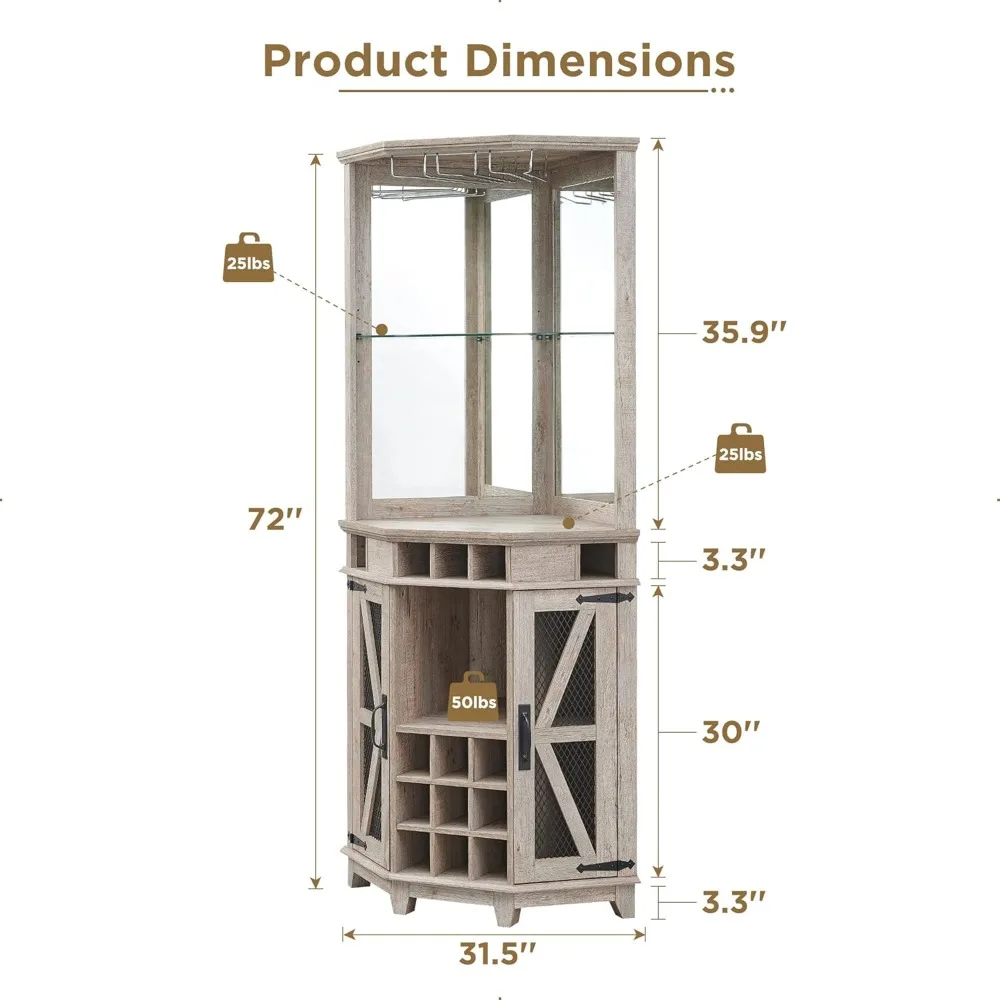 Armoire de rangement de bar d'angle, armoire à vin de ferme de 72 pouces de haut avec porte de gorge et étagère réglable, bar à domicile avec lumière LED