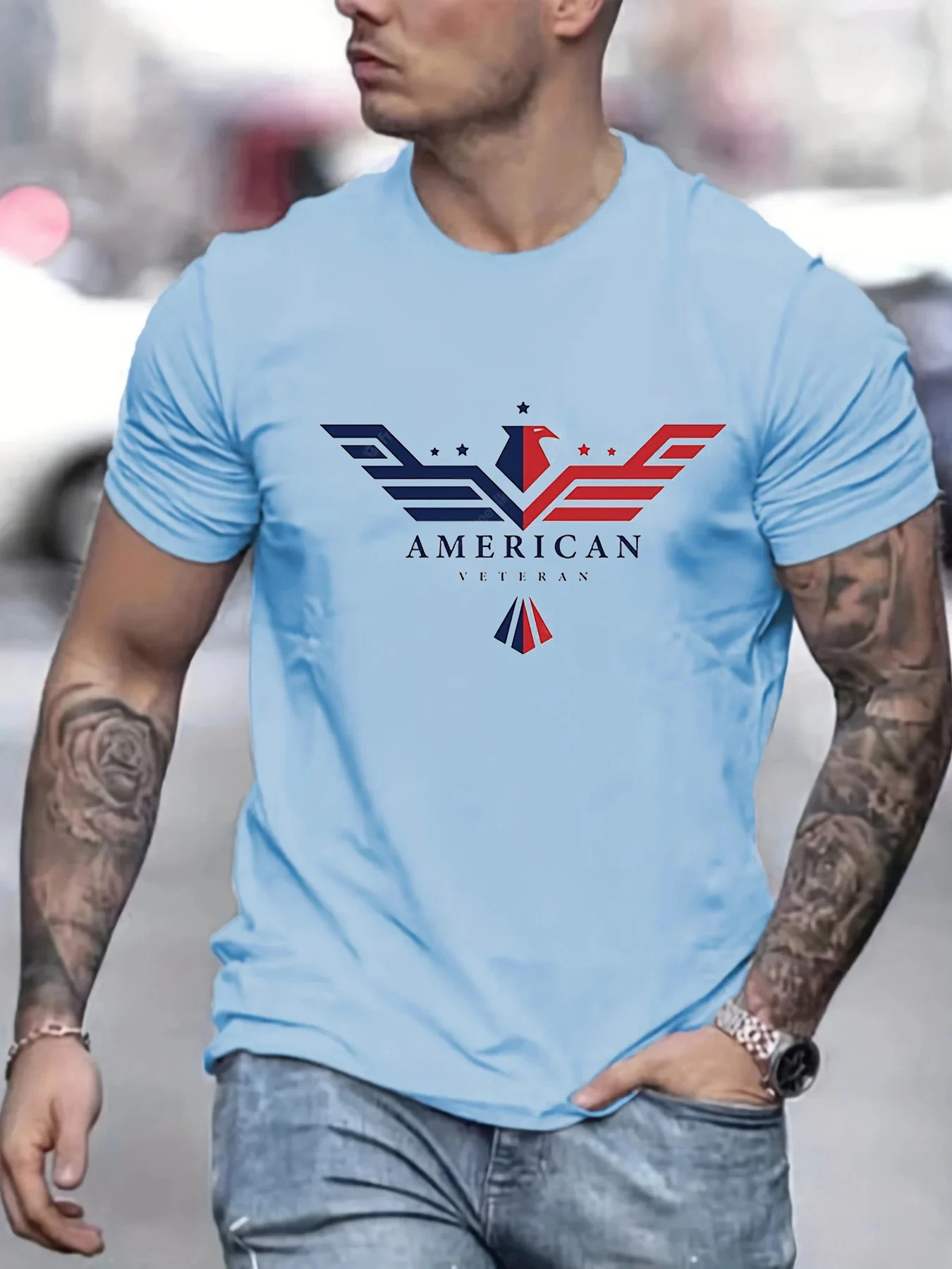 Men's Summer Loose Size Bald Eagle Usa Printed Slim Fit Casual Round Neck Short Sleeve T-shirt Top