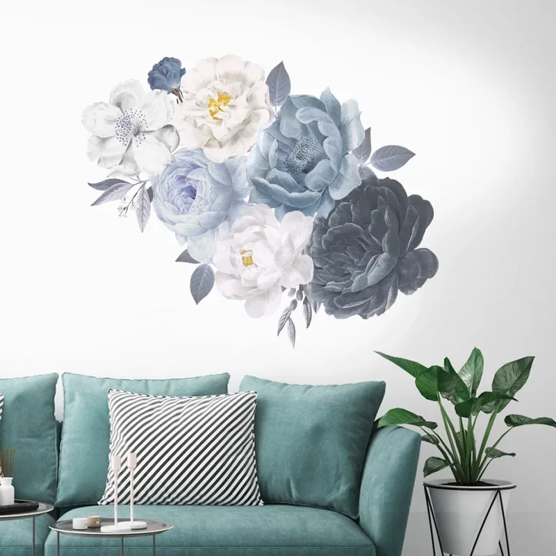 1pc Peony Plant Wall Stickers - Removable Vinyl Decals for Bedroom and Living Room Decor - Black and Blue Flowers