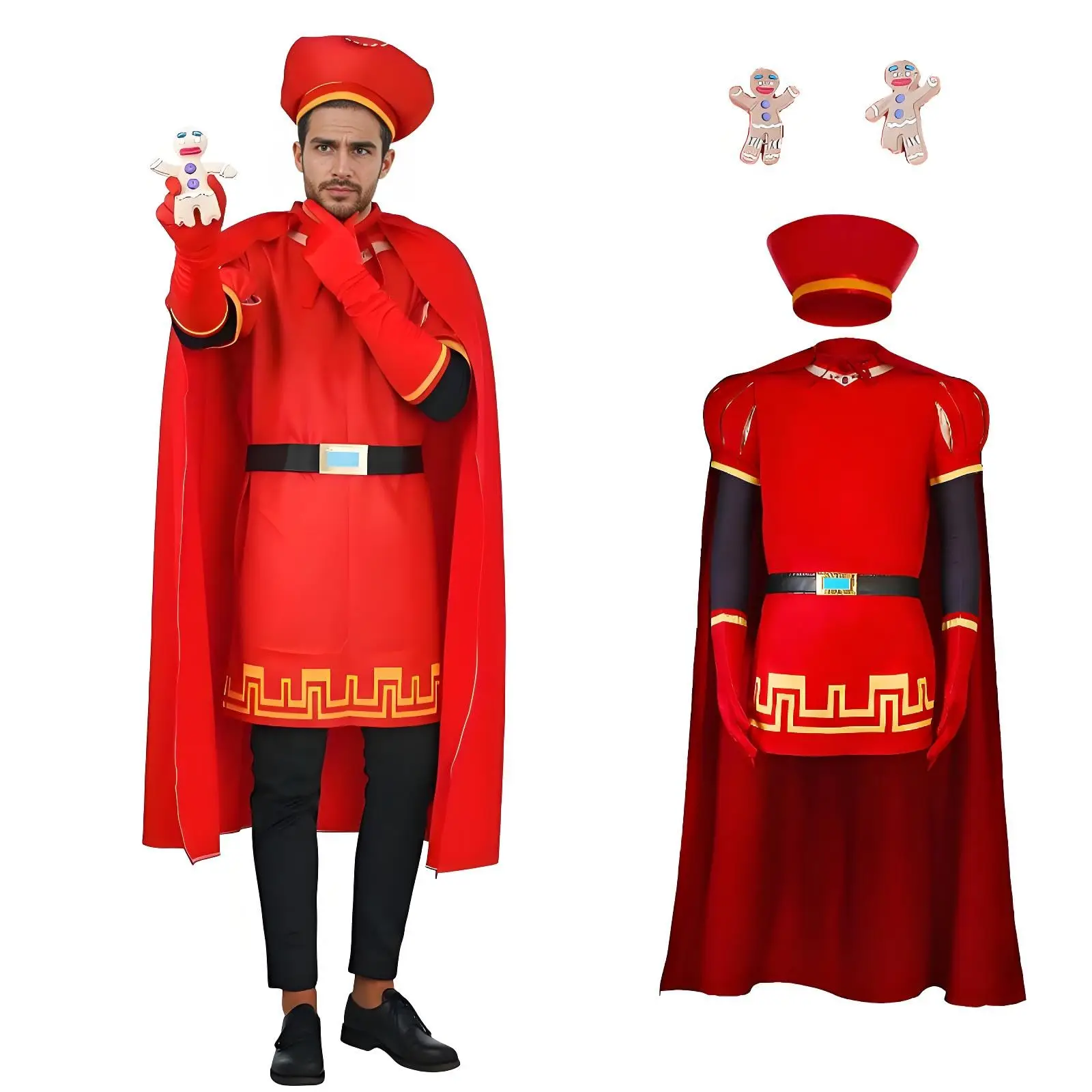 

Adult Lord Farquaad Costume King Outfits Set with Red Hat Cape Gloves Belt Fancy Dress Up for Halloween Party Cosplay Costume