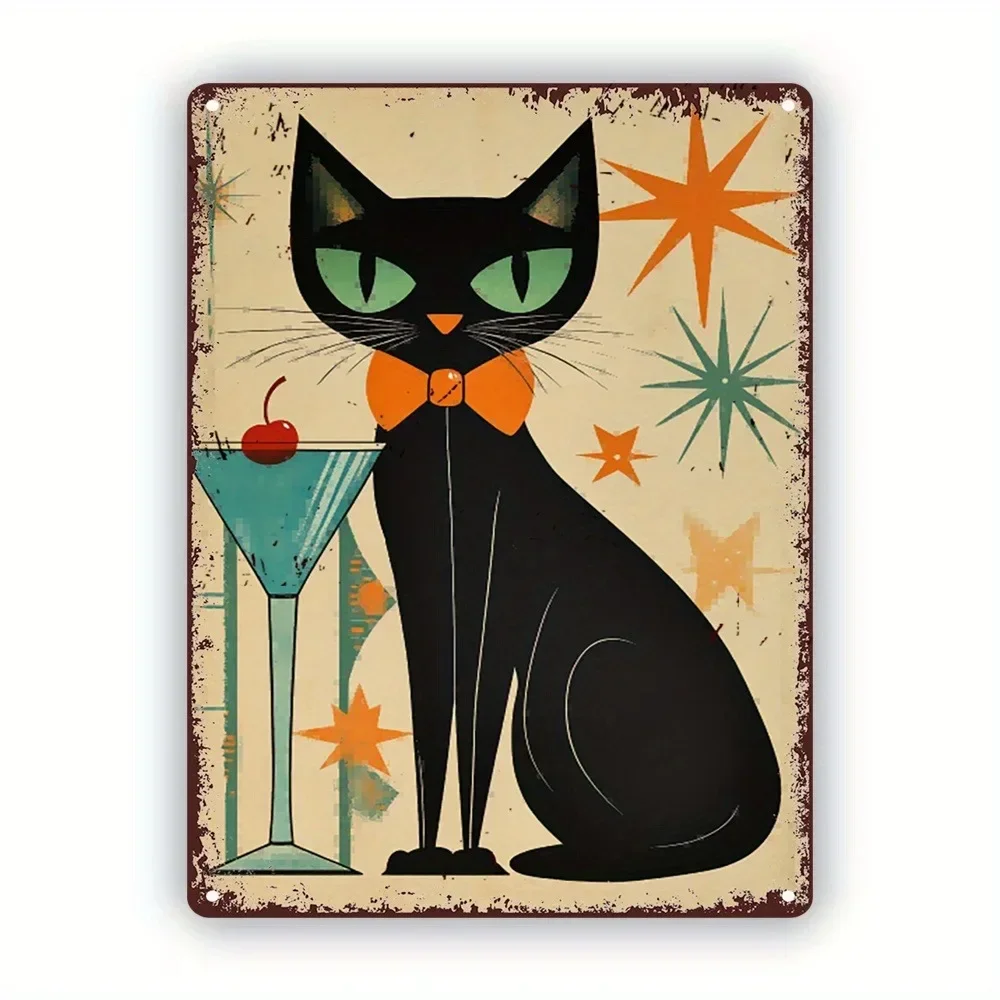 （2D Tin painting）Humorous Black Cat with Martini Metal Sign, Vintage 8x12 Inch Retro Bar Wall Art for Pub or Kitchen Decor