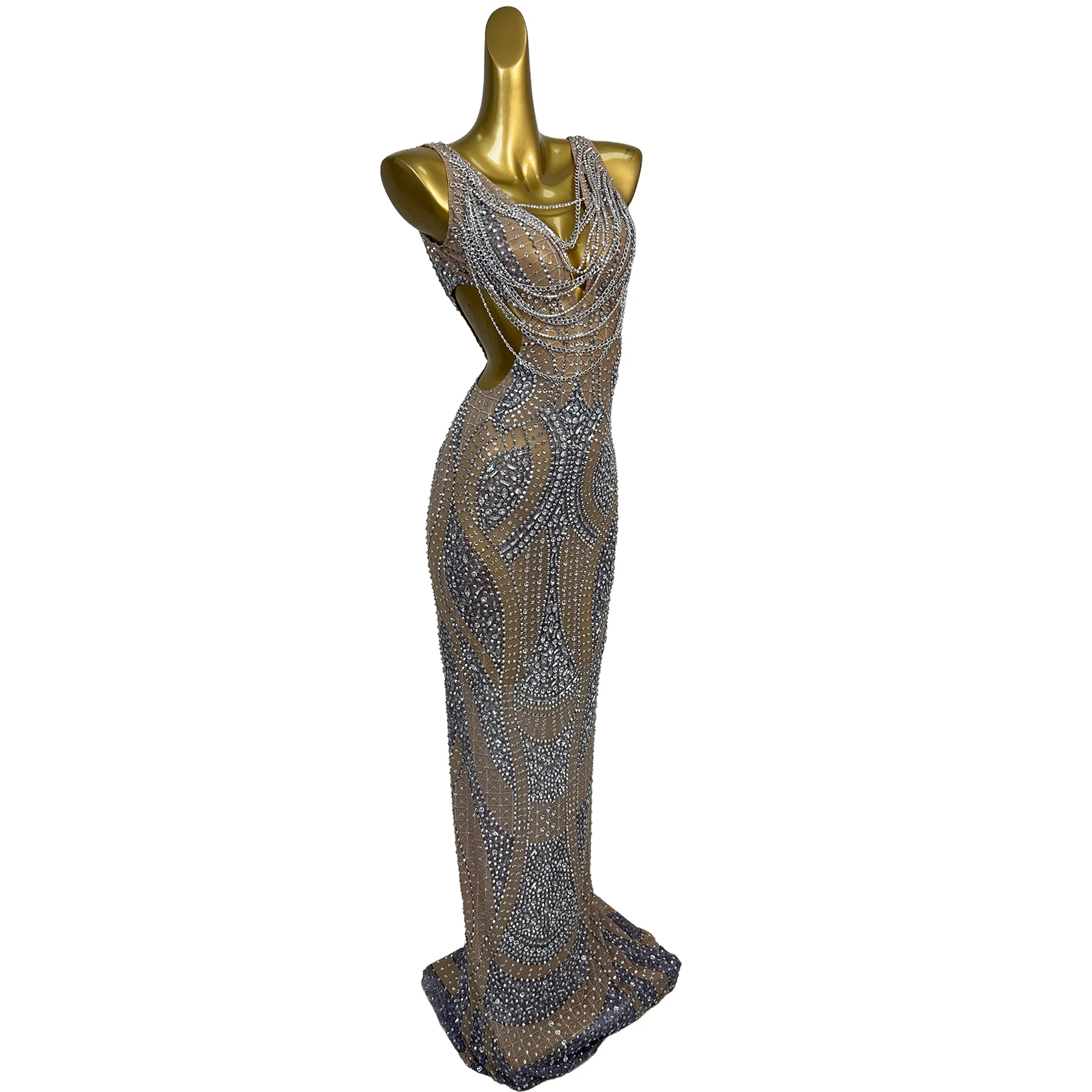 Suolian Luxury Silver Rhinestone Chain Embellished Nude Mesh V Neck Mermaid Evening Dress Formal Party Gown Birthday Dress