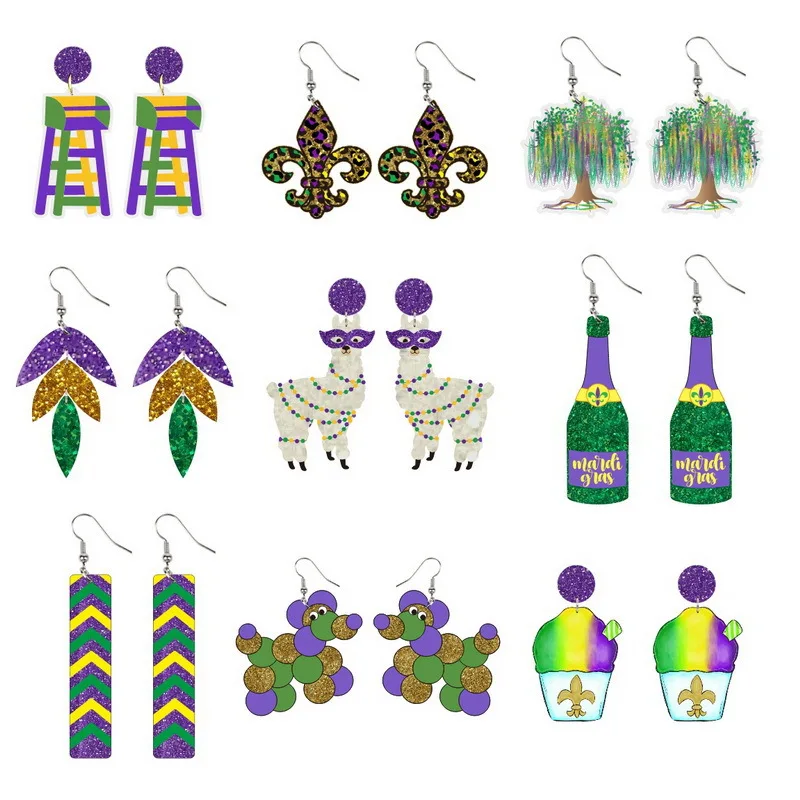 Hot Mardi Gras Earrings Carnival Tri Color Camel Champagne Bottle Ice Cream Tree Dog Earrings Carnival Decorative Gift Wholesale