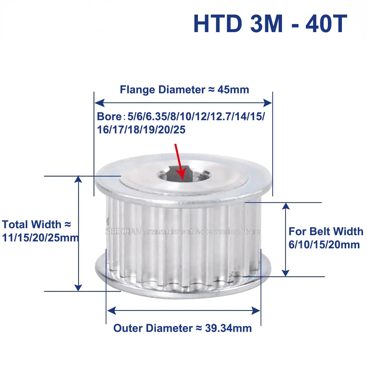 

40 зубьев HTD 3M, синхронный шкив с отверстием 5/6/6.35/8/10 ~ 16 мм для ширины 6/10/15/20 мм HTD3M, Ремень ГРМ HTD3M, шкив с 40 зубьями