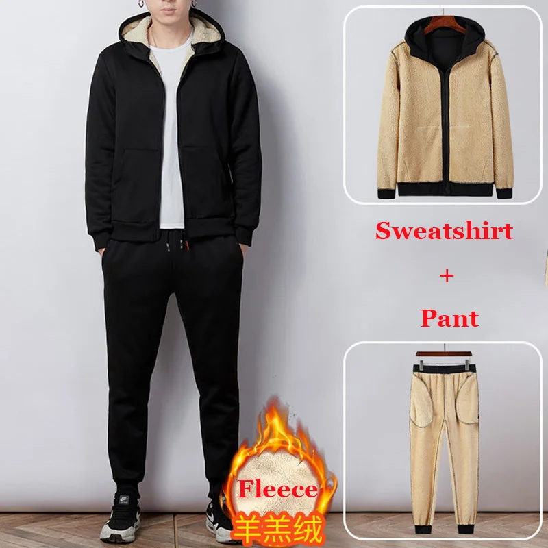 

Winter Sports Suits Men Fleece Two-Piece Set Fleece-Lined Pant Thickened Cardigan Hooded Sweatshirt Outdoor Thick Warm Tracksuit