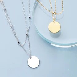 925 Sterling Silver Double Layer Round Disc Pendant Necklace Gold Color Bead Chain Charm Necklace For Women Jewelry S-N574