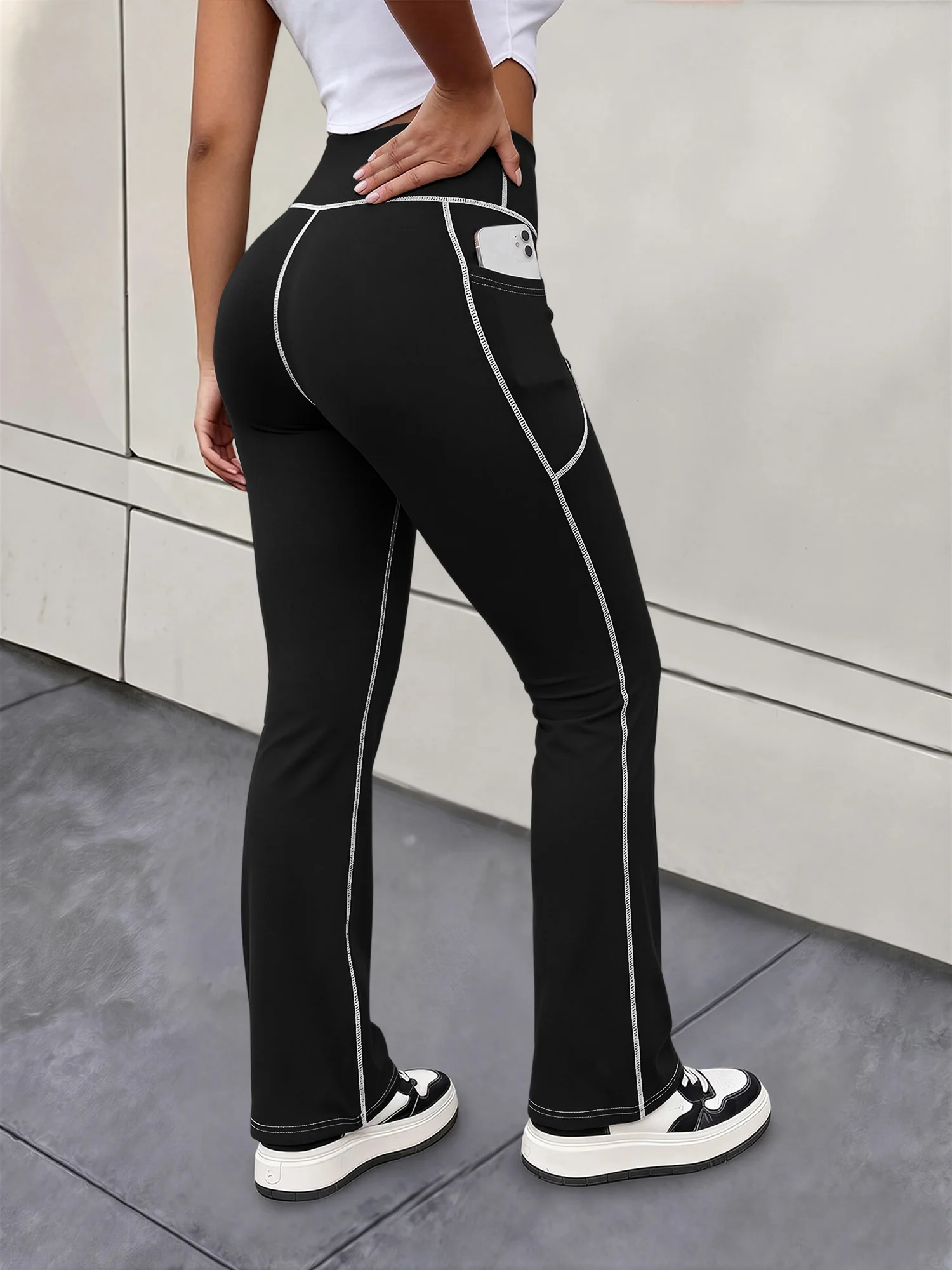 Women Stylish Outline Stitch Flare Trousers Soft Stretch High Waist Side Pocket Bootcut Trendy Daily Street Pants