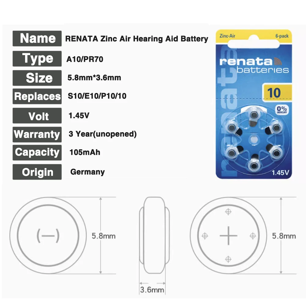 1 Card Hearing Aid Batteries 10 A10 ZA10 10A P10 PR70 Renata High Performance Zinc Air Battery for Mini Digital Hearing Aid