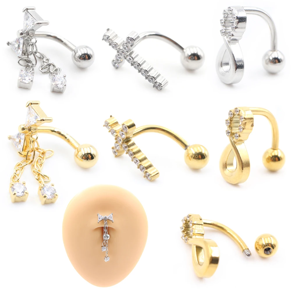 Alisouy 1 Stück Edelstahl Kreuz Bogen Kette Nummer 8 Form Rund Dreieck Zirkon Bauchnabelringe Piercing Körperschmuck