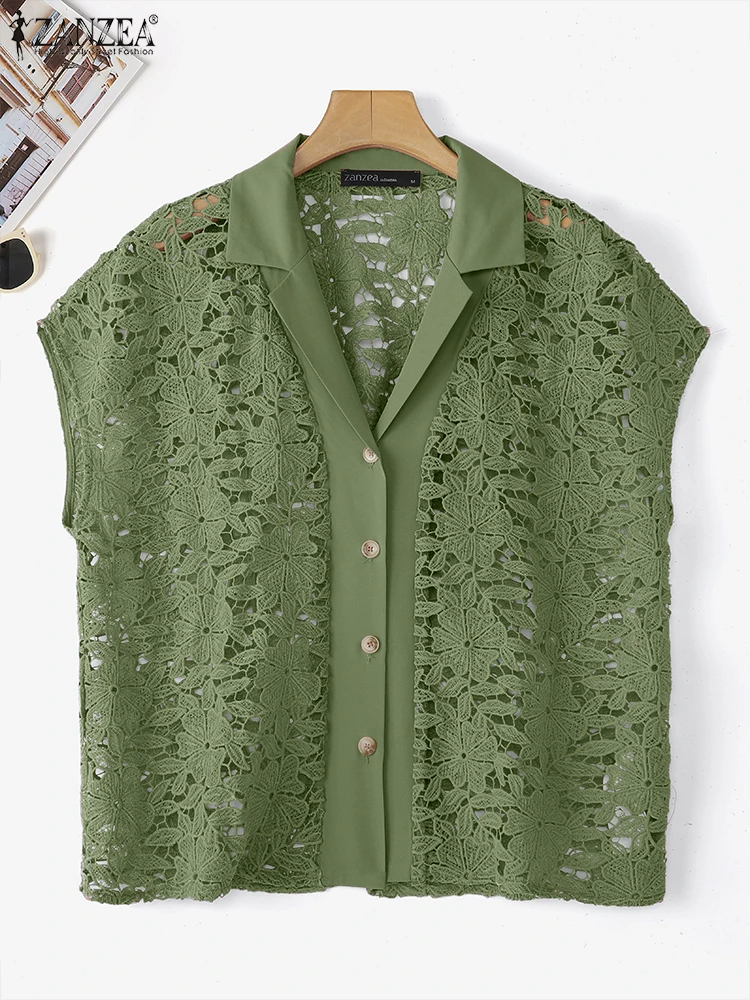

ZANZEA Short Sleeve Lace Shirts Elegant Office Lady Open Stitch Tops Women Casual Lapel Neck Blusas 2025 Loose Solid Color Tunic