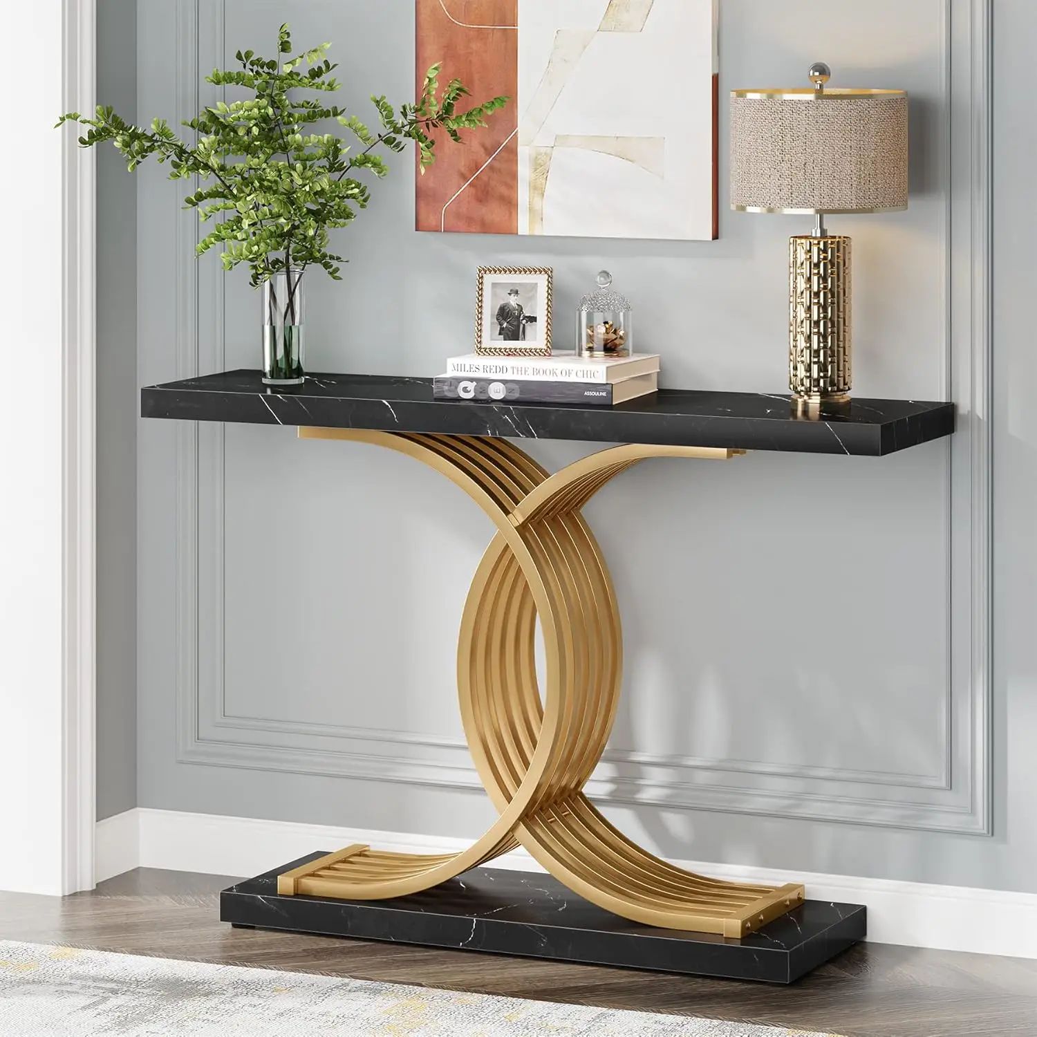 Gold Entryway Table, Modern 39-Inch Console  Accent Table with Geometric Metal Legs,  Narrow Wood Sofa  Foyer