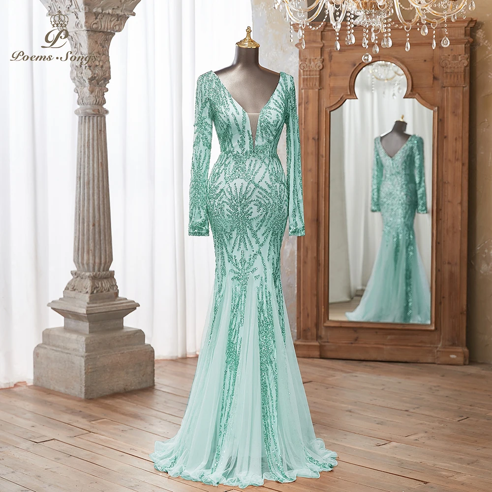 Luxurious Mint green Long Sleeve Sequin Gown Deep V-Neck Embellished Pattern Mermaid Formal Dress Elegant Evening Special Events