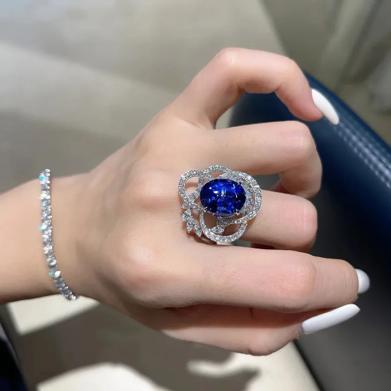 925 sterling silver color treasure classic sapphire open ring, women's light luxury high-end gift, romantic and sweet accessory