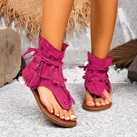 Women's Tassel Gladiator Sandals Thong Flip Flops Ankle Wrap Fringe Flat Heel Summer Beach Shoes - Image 4