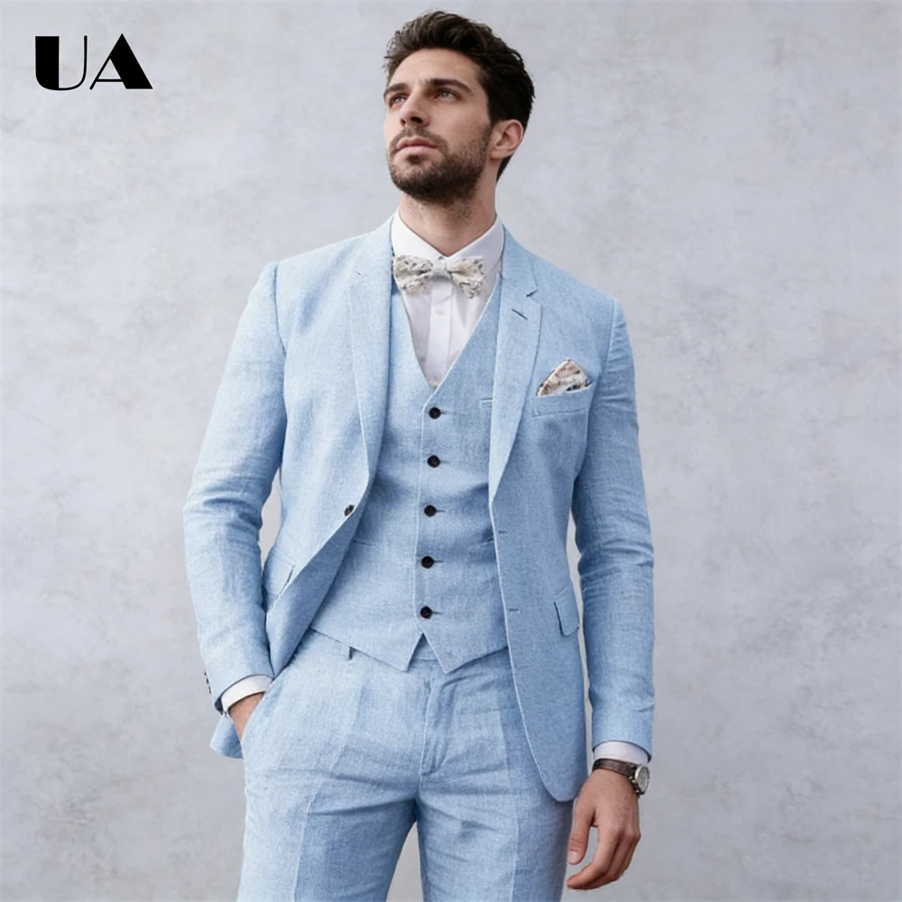 Linen Suit for Men, Groom Wedding Suit 3-Piece Suit (Jacket Pants Vest) Business Formal Suits Blazer Trousers Vest Tuxedo