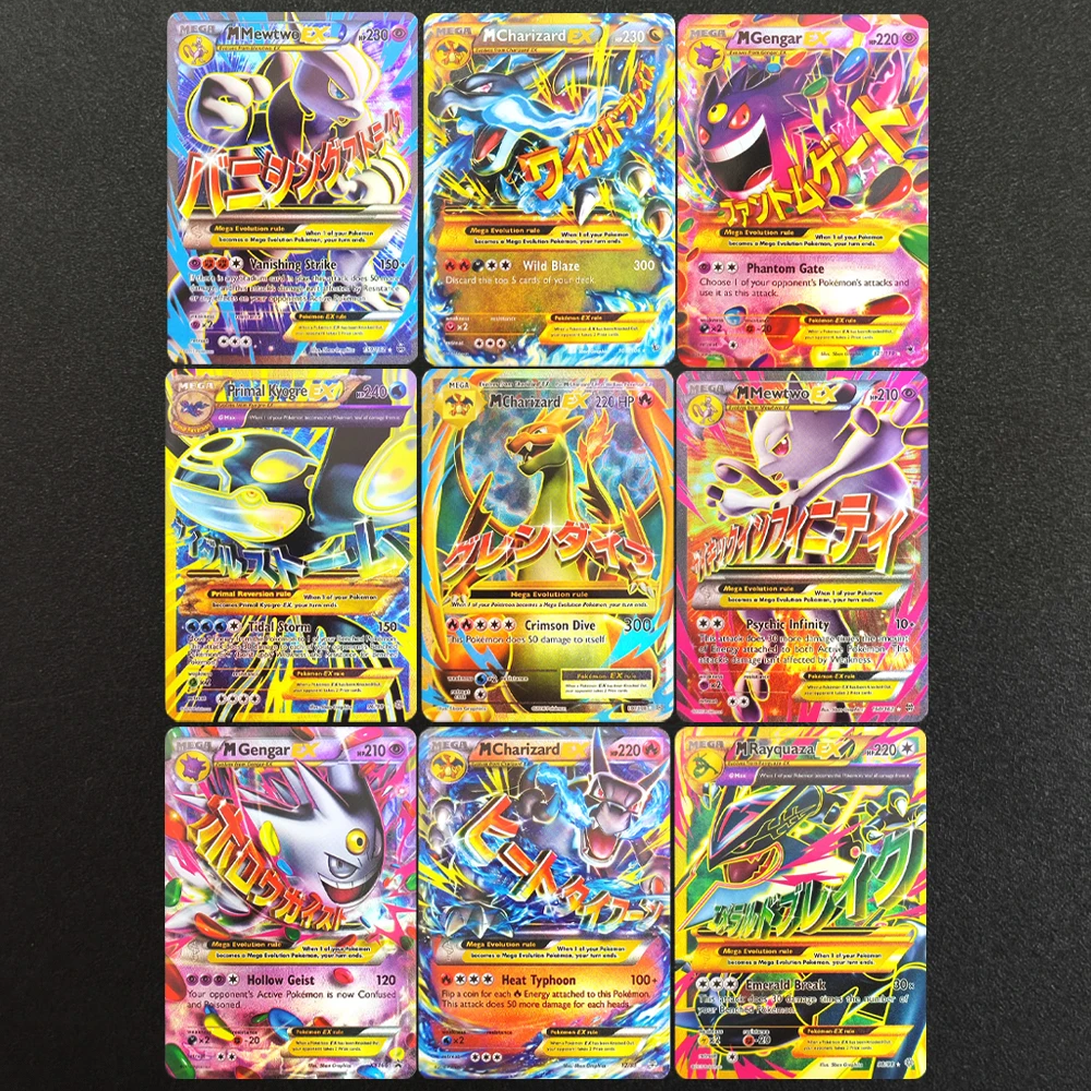 

9Pcs Japan Pokemon TCG DIY Textured MEGA EX Cards Mewtwo Charizard Gengar Kyogre Rayquaza Mint Gem Collectible Game Cards