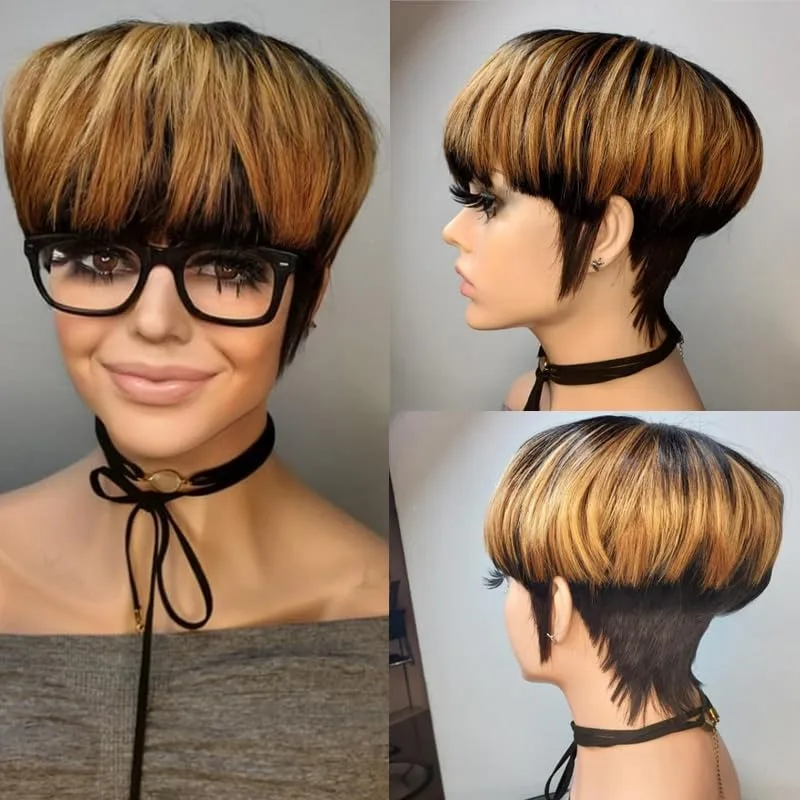 Short Pixie Cut Straight Human Hair Wig with Bangs