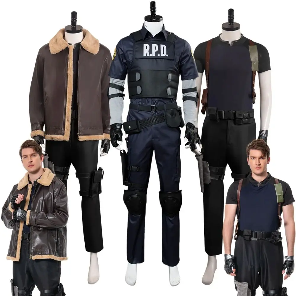 Biohazard Resident 4 Remake Leon S Kennedy Evil Costume Cosplay giacca cappotto top pantaloni uomo Fantasia abiti Halloween Party Suit