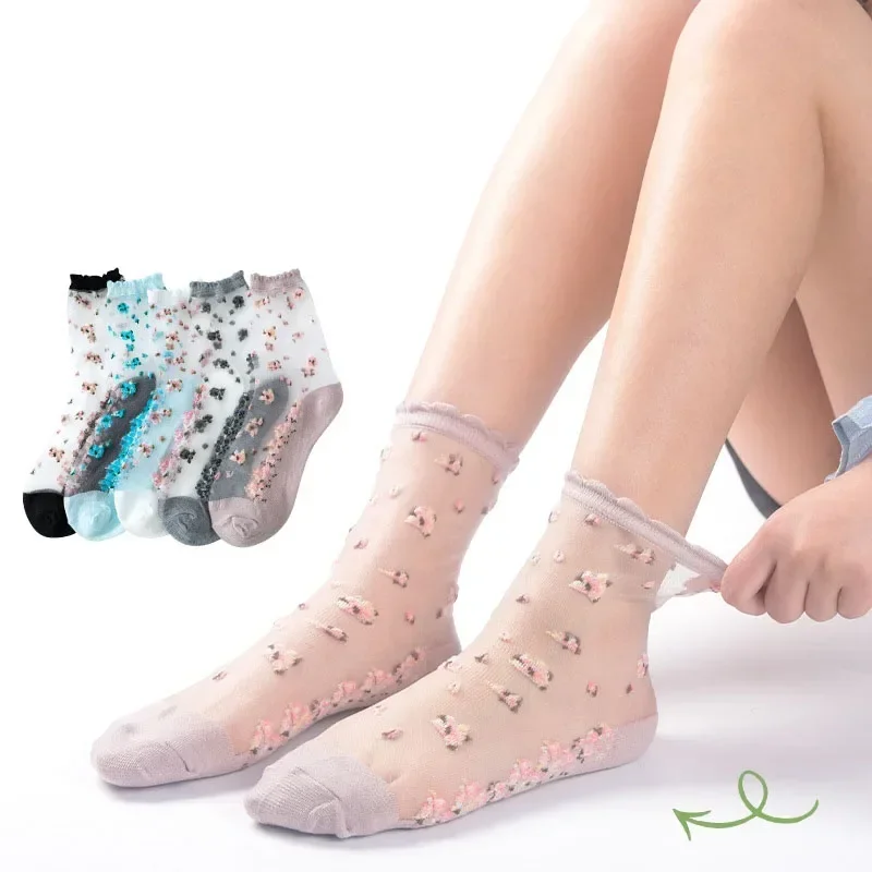 5 Pairs Breathable Ultra Thin Socks Summer Women Transparent Lace Silk Crystal Rose Flower Girls Elastic Short Socks Female Sox