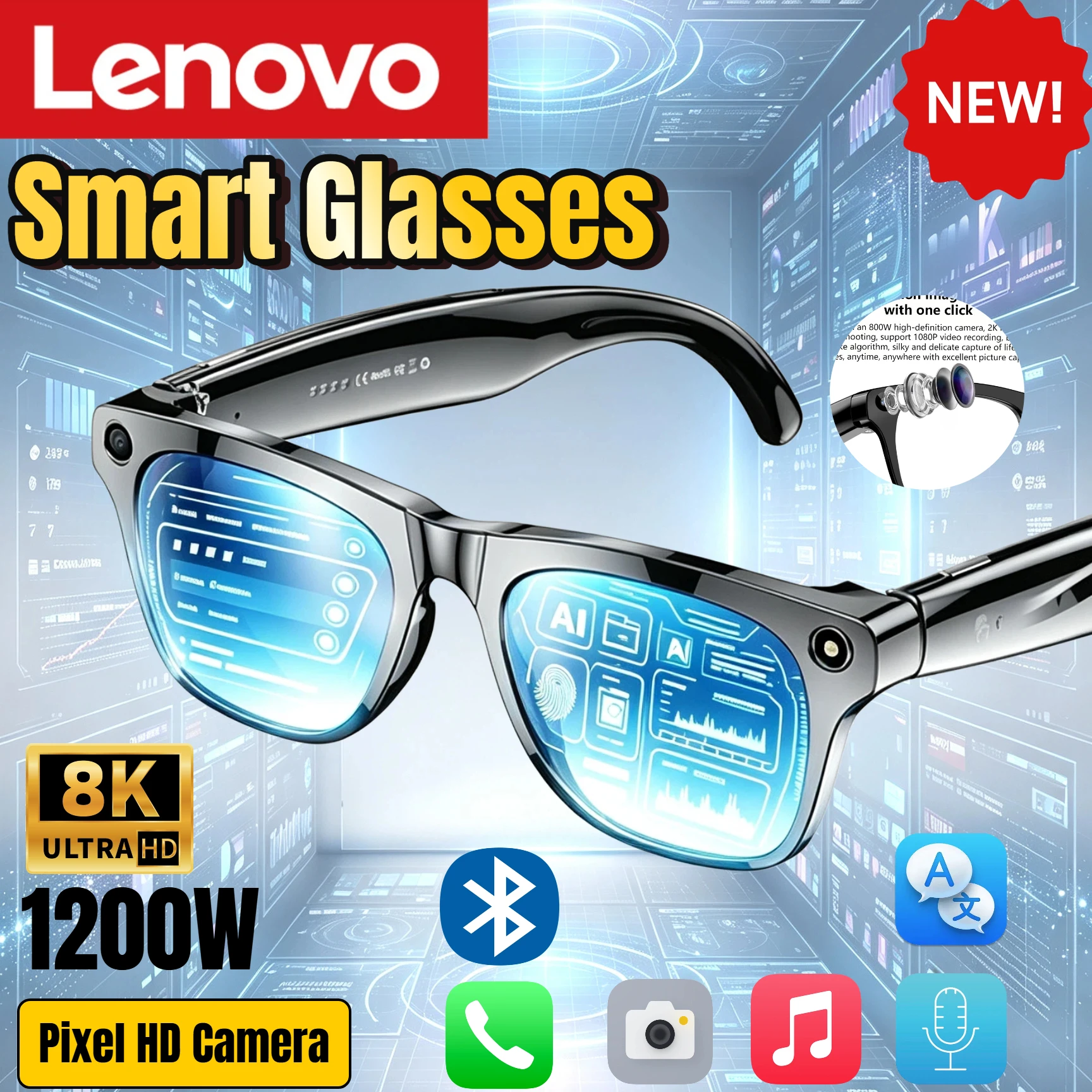 Lenovo 2026 Upgrade Smart AI Glasses 1200W HD 8K Shooting Camera Photo Video Voice Call Translation Bluetooth AI Sunglasses