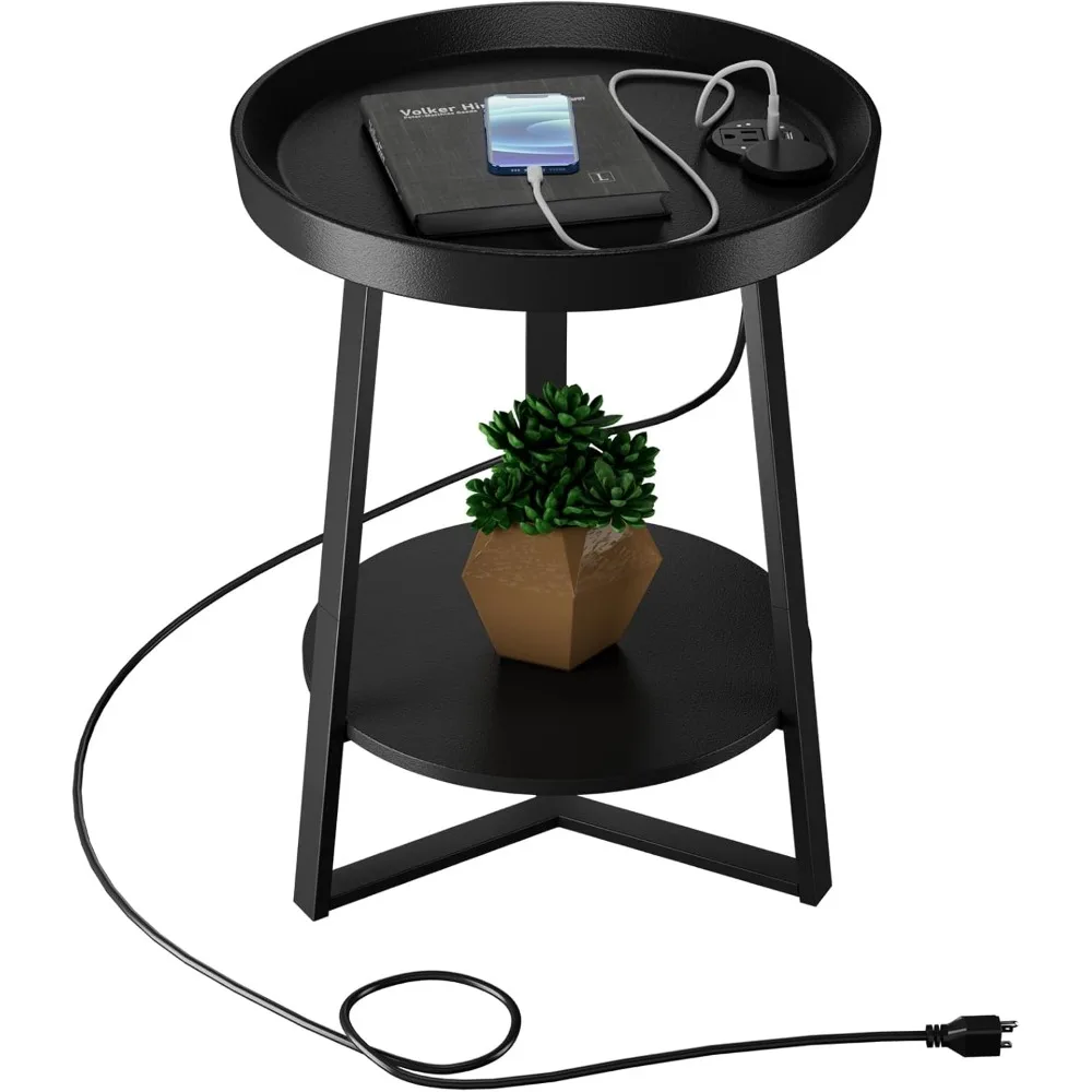 

Gadroad Round End Table with Charging Station, USB Ports and Anti-Drop Fence, Wood Tabletop & Black Metal Frame, 2-Tier Side Tab