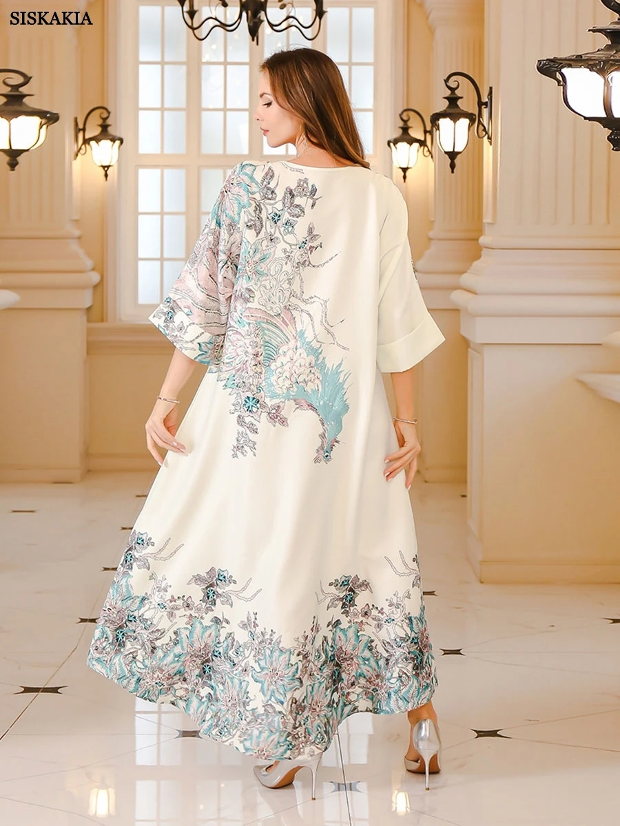 Siskakia Ramadan Muslim Elegant Floral Print Long Abaya Hot Stamping Half Kaftan Saudi Women Evening Dress