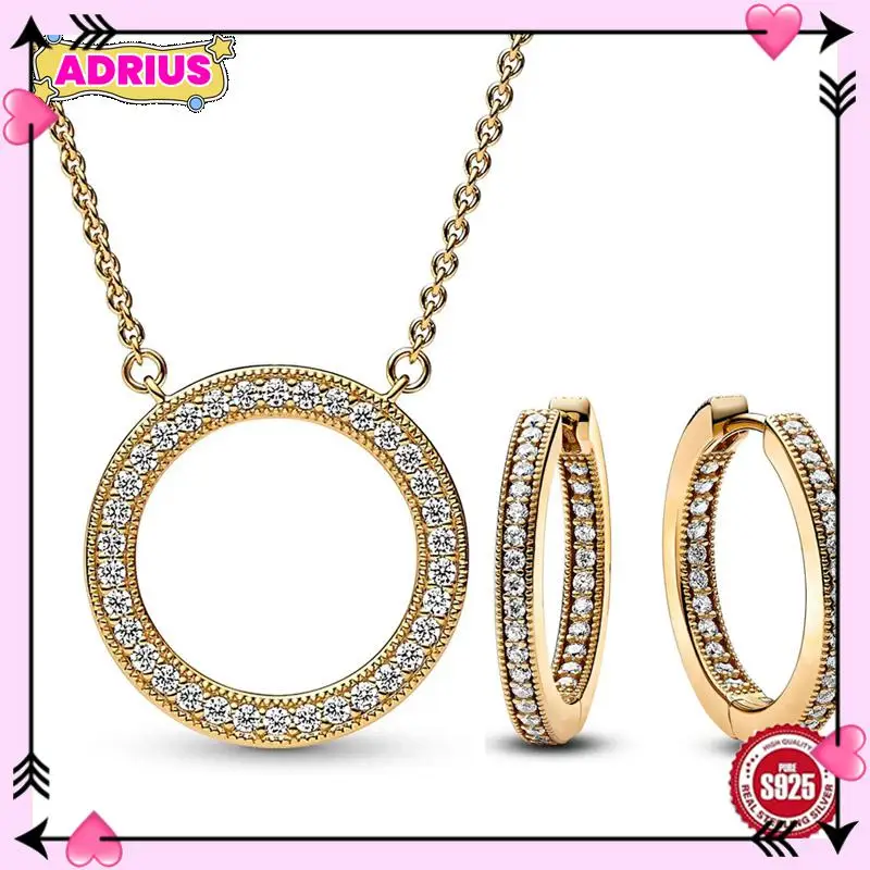 

Authentic 925 Sterling Silver Golden Shine Signature & Pave Hoop Earring Necklace With Crystal For Women Jewelry Set Gift