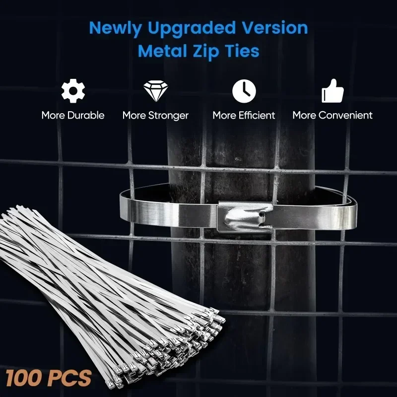 100pcs Stainless Steel Cable Ties Chain Link Fence Ties Multi-Purpose Self-Locking Metal Zip Ties 4.6/7.9/10/12mm Long Size