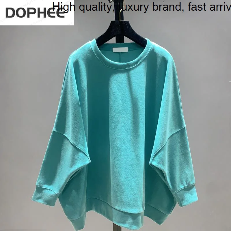 Autumn New Spring Women Sweatshirts 2023 Korea O-neck Oversize Pullover Top Solid Color Batwing Sleeve Cotton Hoodies Casual