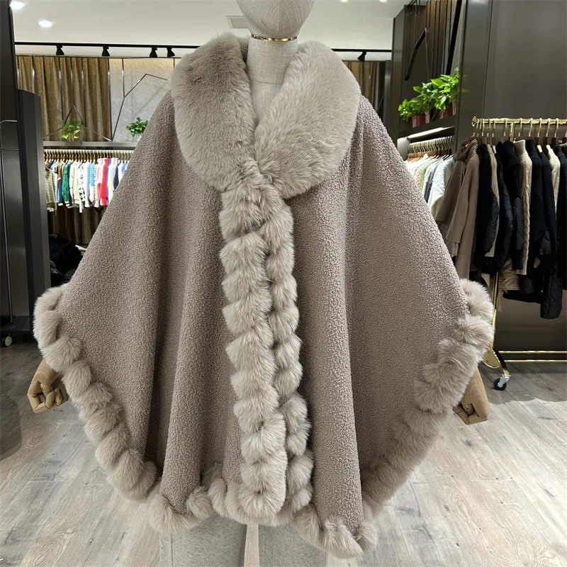 Imagem -05 - Manto Solto Feminino de Gola Virada para Baixo Gola de Peles Artificiais Poncho de Veludo Grosso Quente Inverno Cardigã Manga Batwing Cabo Cabolsa Longo Xale Topcoat