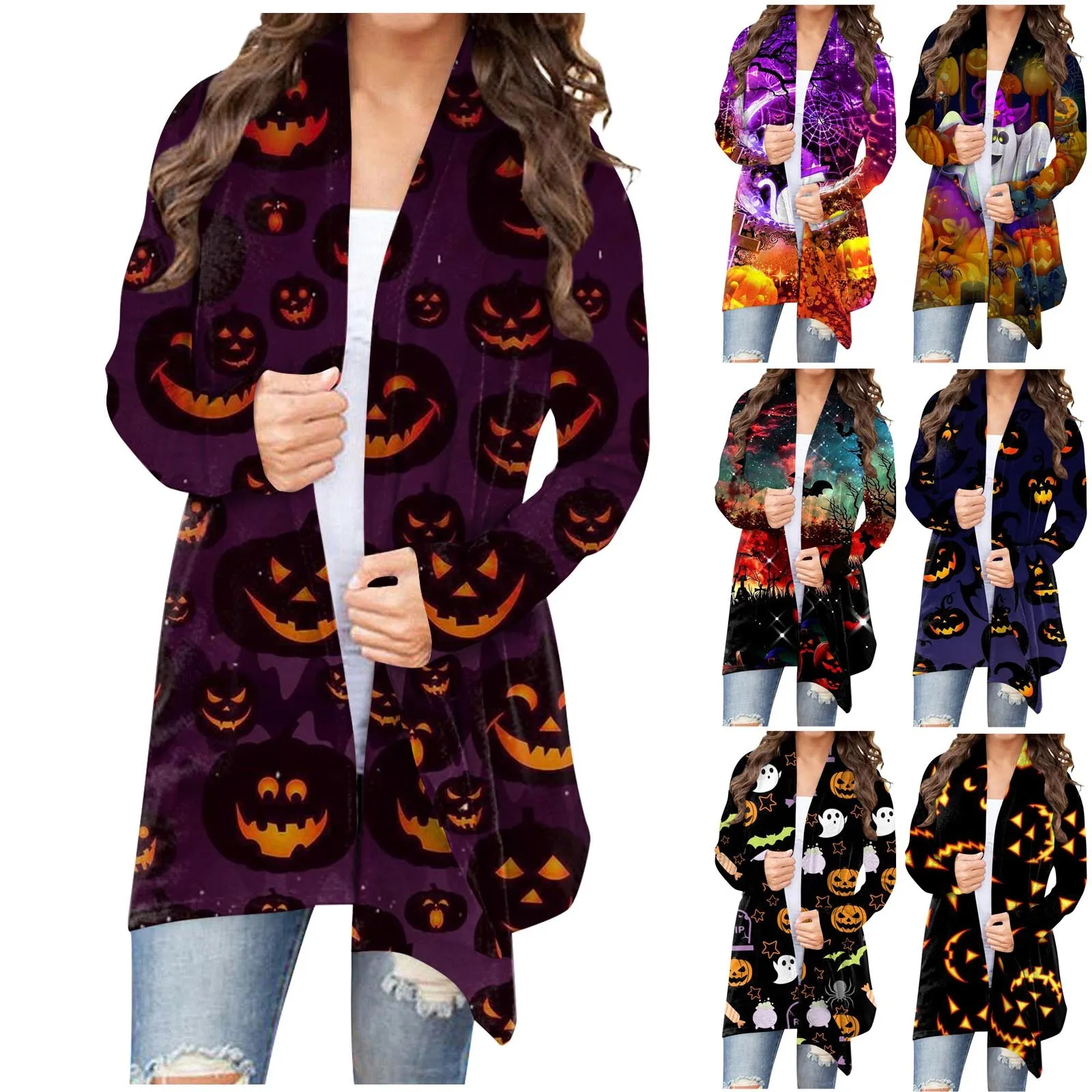 Women's Coat Spring Autumn style Casual coat Fashion Floral Halloween Print Medium Length Cardigan Jacket Coat