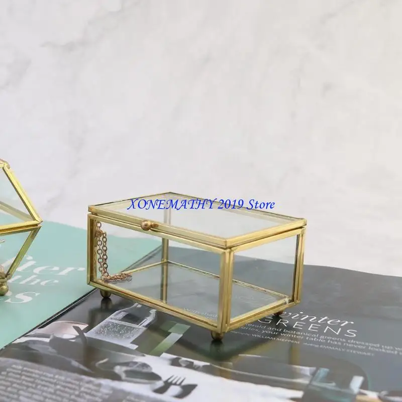 

F42F Wedding Ring Box Geometric Clear Glass Jewelry Box Tabletop Holder