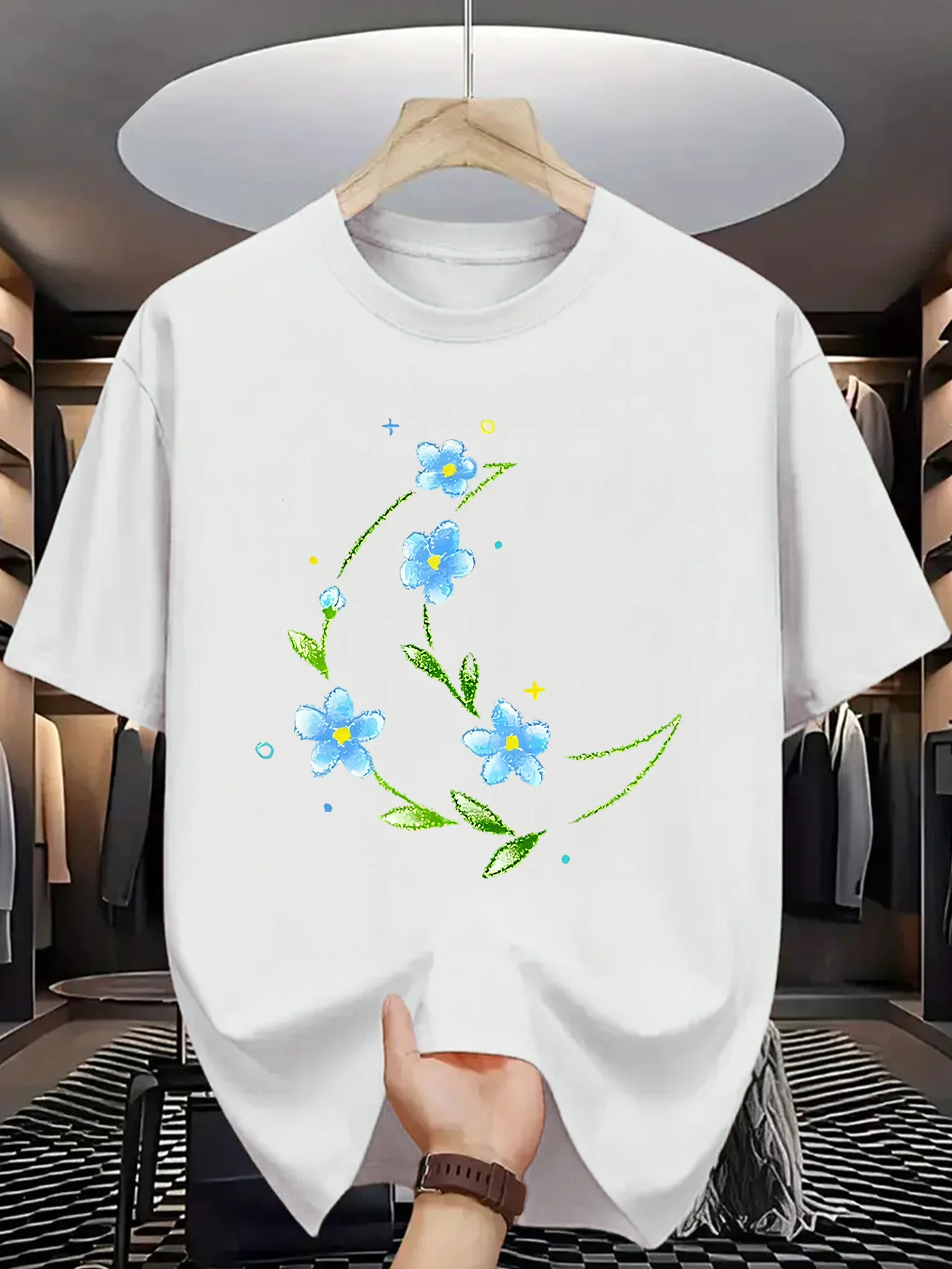 

Синяя футболка с цветочным принтом и изображением полумесяца, дышащая повседневная мужская футболка с круглым вырезом