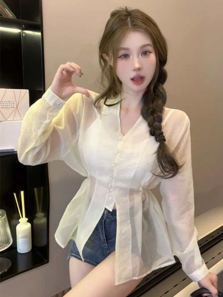 

Sweet Style V-Neck Open Cardigan Shirt Unique Waist-Cinched Lantern Sleeve Mid-Length Women's Summer New Fashion Top