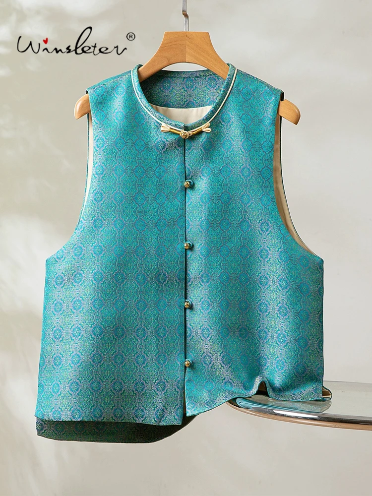

Winsleter-100%Real Silk Song Brocade Elegant Vest Coat, O Neck Geometry, Women Retro Commute Waistcoat, 2026 Spring New C5D402CC