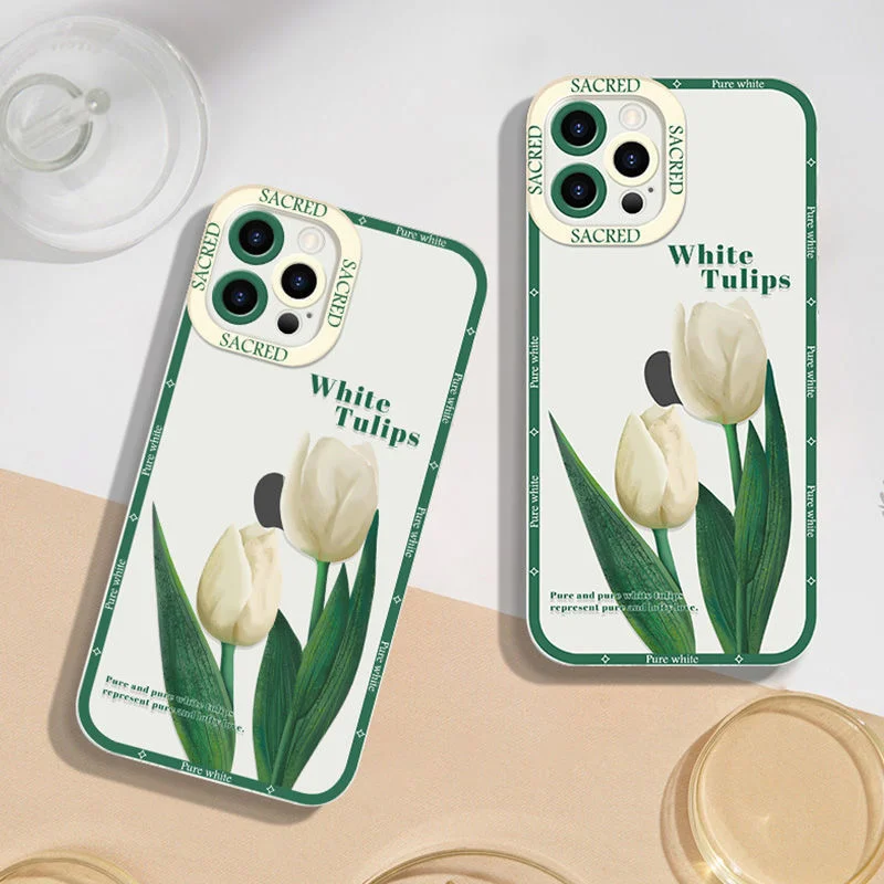 Capa de Telefone Tulipa Minimalista para iPhone, Anti Drop, Capa Protetora Traseira, Bela Flor Padrão, Novo, 15, 14, 13 Pro Max