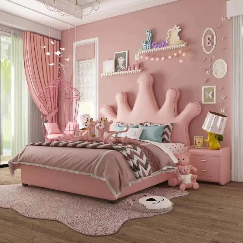 

NOVA Creative Design Girls Bedroom Set Pink Princess Headboard Solid Wood Double Size Bed For Kids