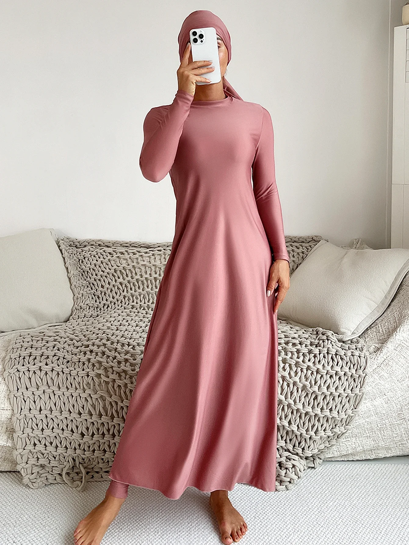 

New Elegance Burkini Muslim All Covered swimsuit Loose Swimwear for Women Soft Pink long sleeved Dress and Pant with headscarf